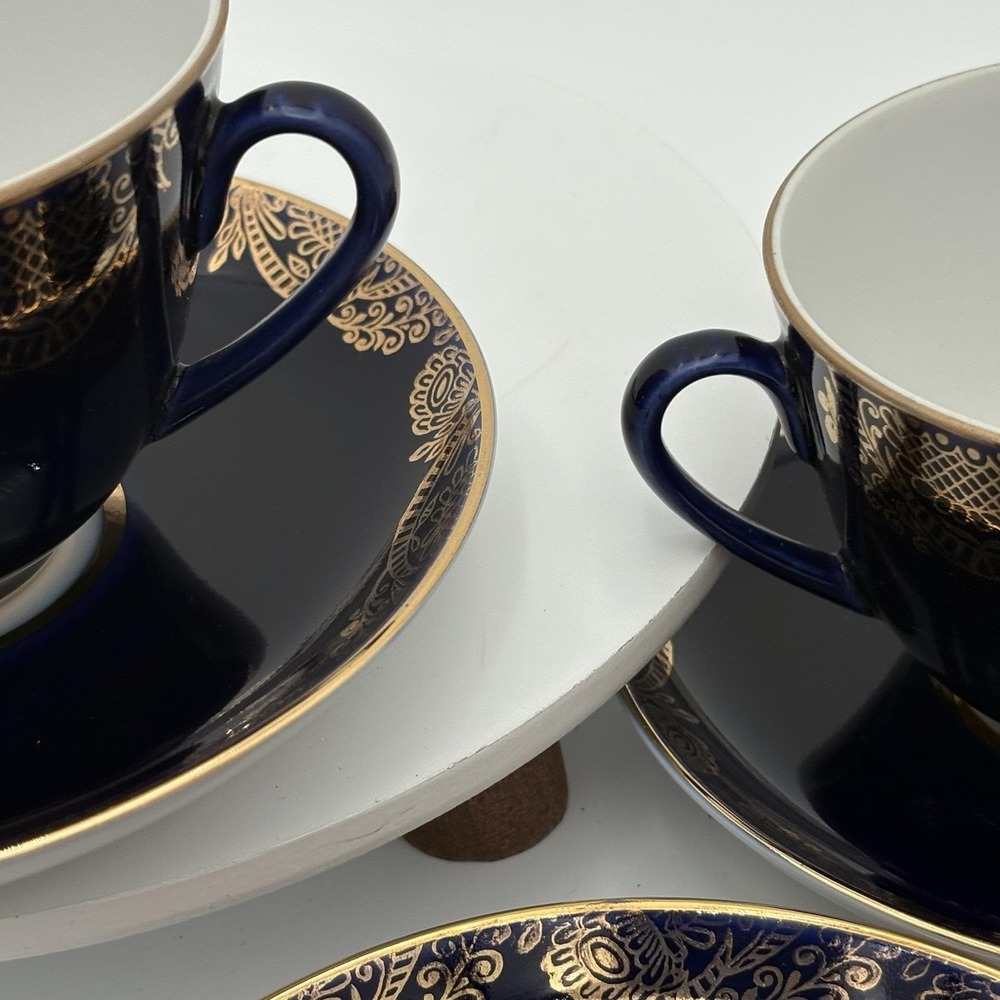 Vintage Russian Cobalt Net Gold Web Lomonosov Tea Cup with Saucer Set of 6 - Picture 9 of 13